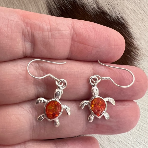 ❤️ Orange Opal Turtle TAXCO 950 Sterling Silver Earrings 1.11”L x .56”W - Picture 6 of 11